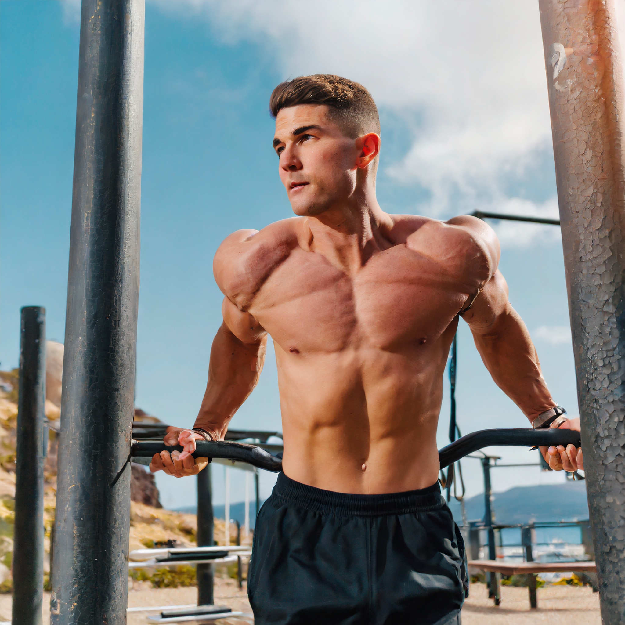  A man streching his arms and showing his body by leaning forward
